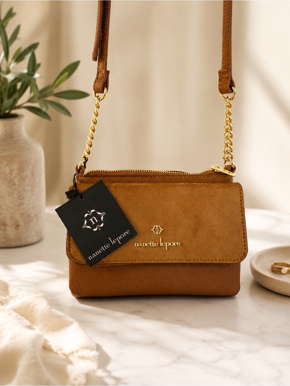 Nanette Lepore Brown/Tan Crossbody Bag with Gold Chain